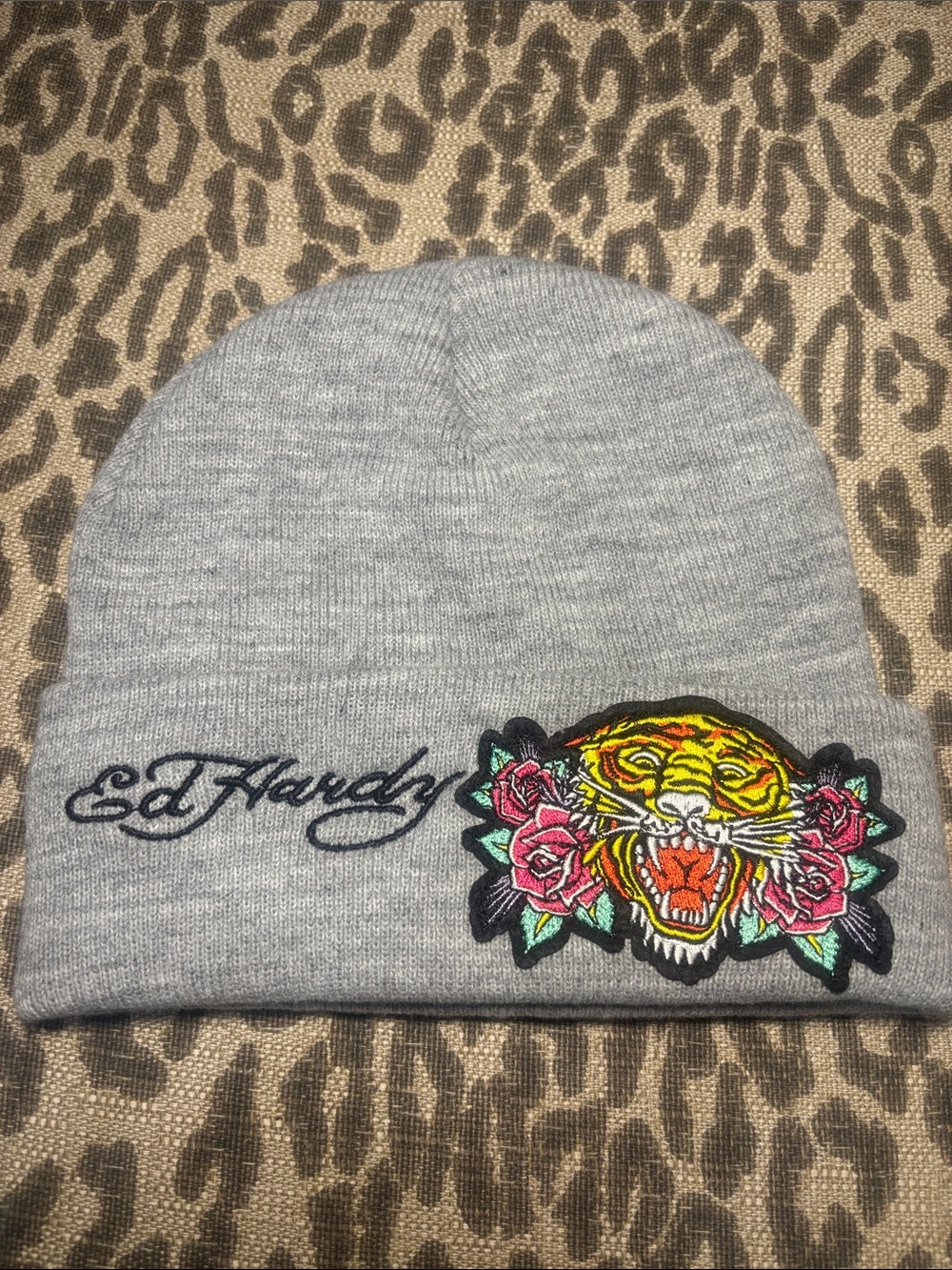 Light grey y2k ED Hardy beanie hat embroidered logo hat tiger detail casual